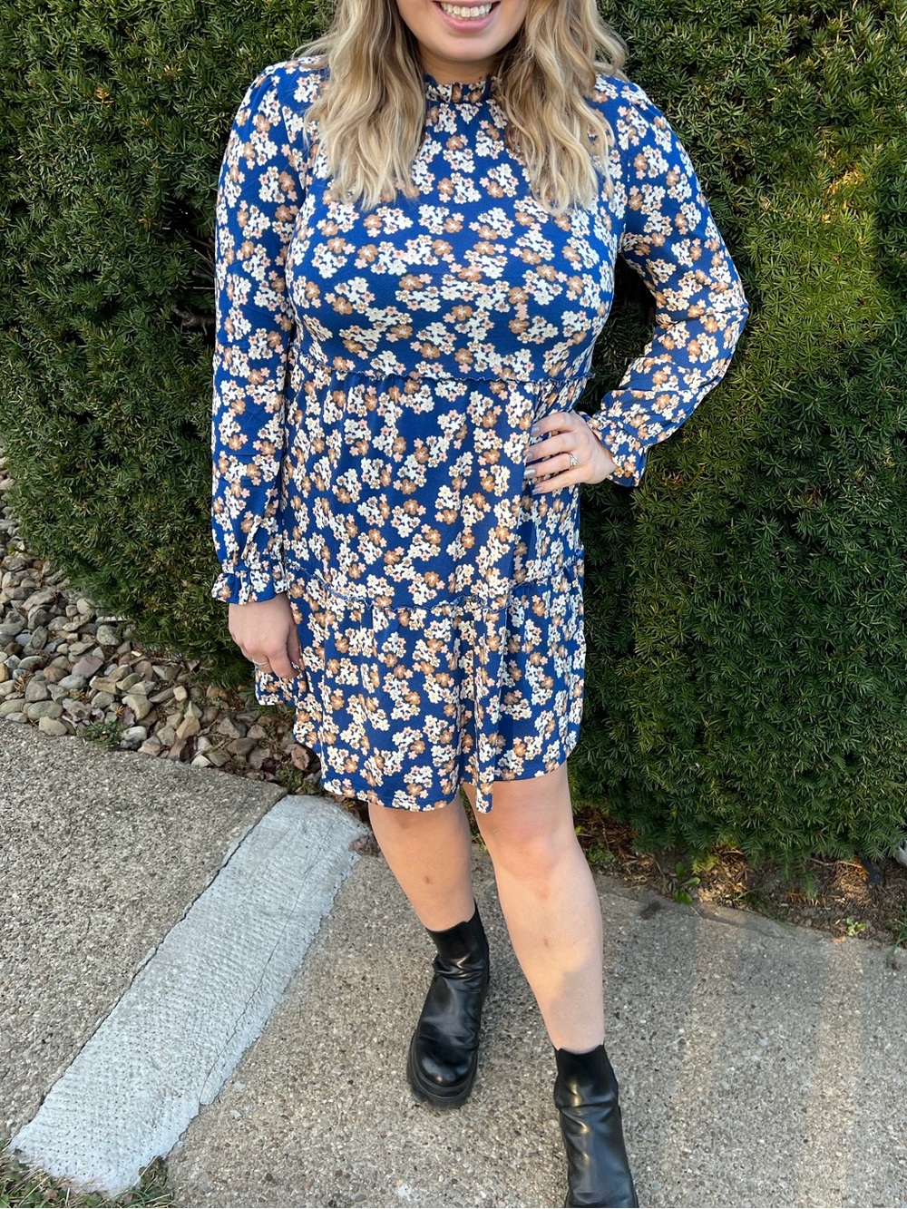 Royal Blue Floral Tiered Long Sleeve Dress with Cream and Tan Accents